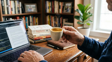A father is drinking coffee