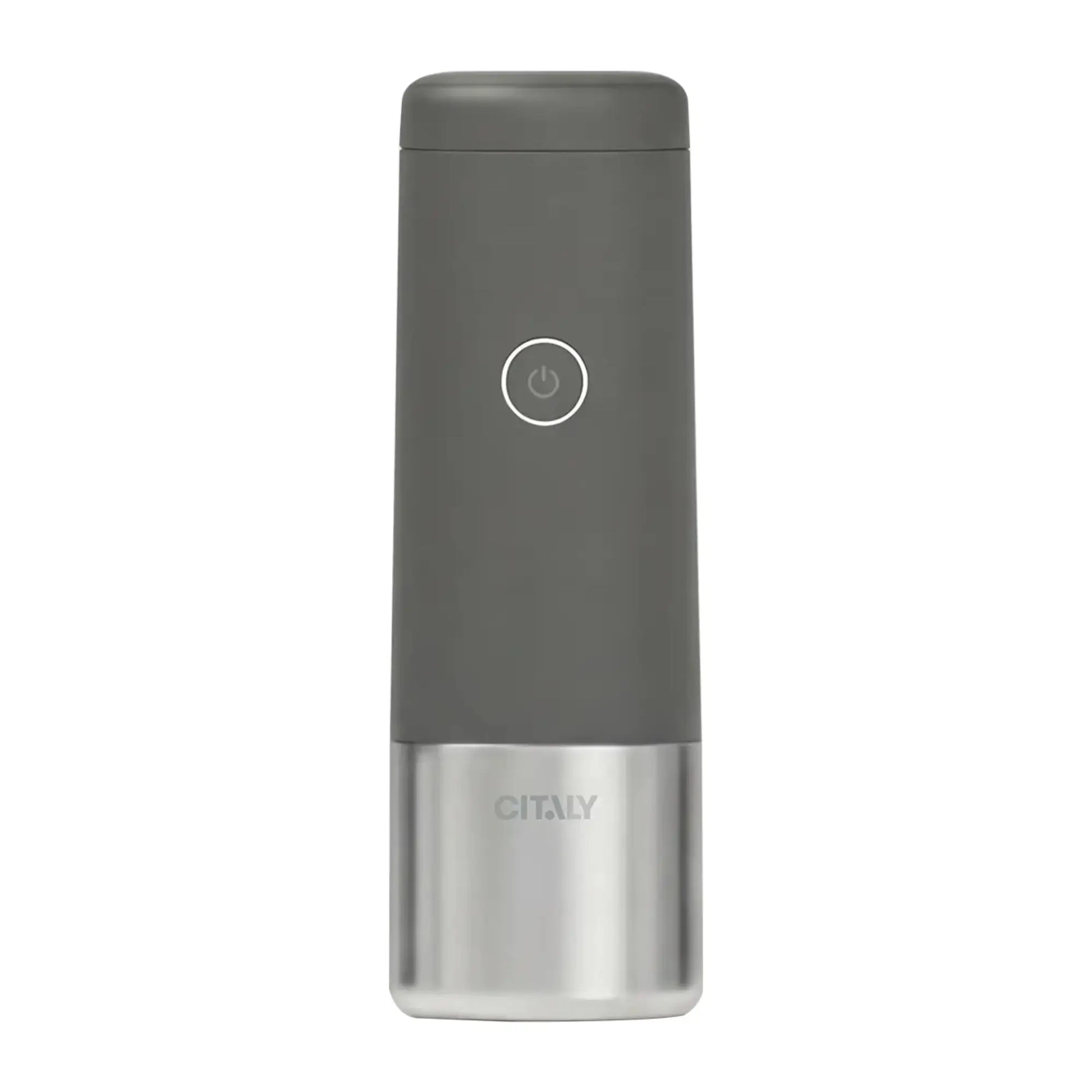 Gray and silver electric pepper grinder on a white background
