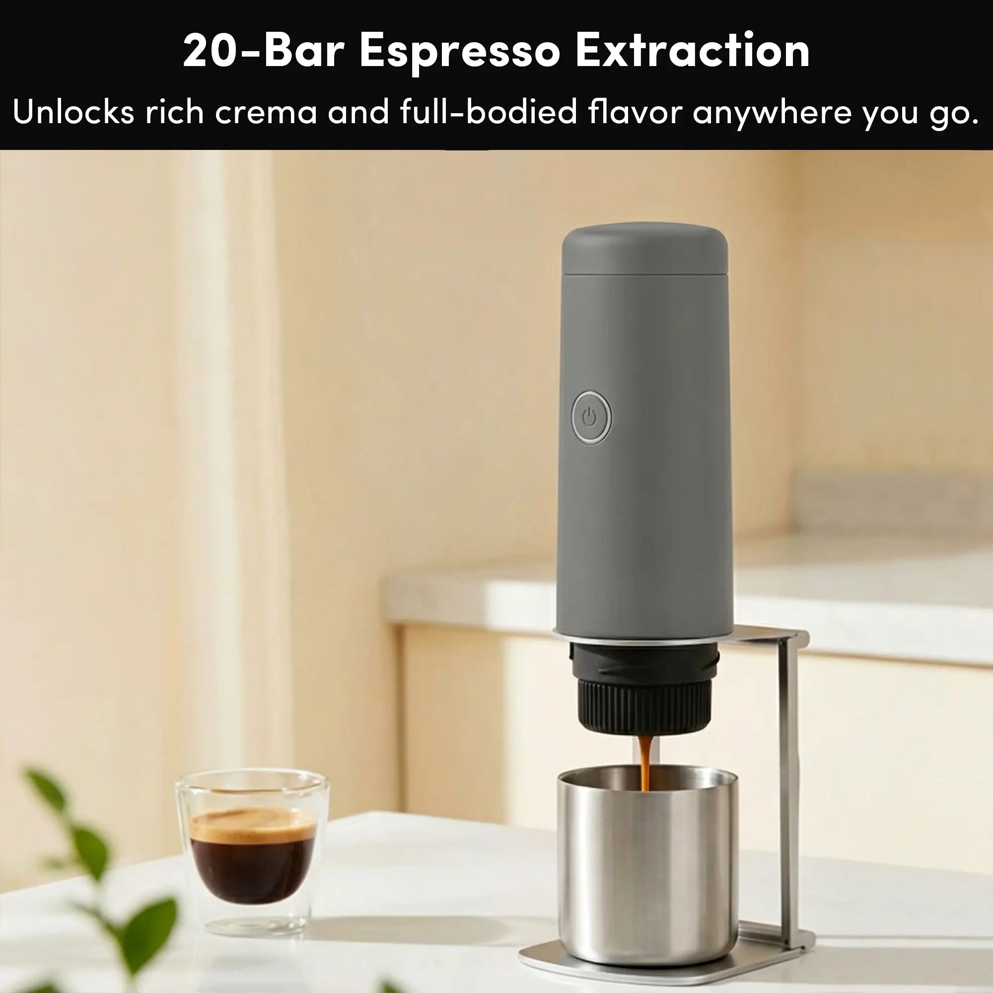 Citaly GO-1 espresso machine extracting coffee into a metal cup