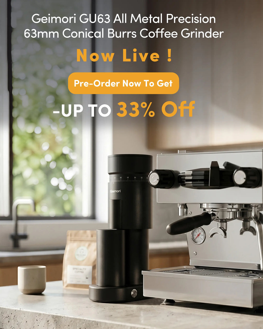 Geimori GU63 coffee grinder on a kitchen counter with espresso machine and coffee beans.slider_item_BH3ENE