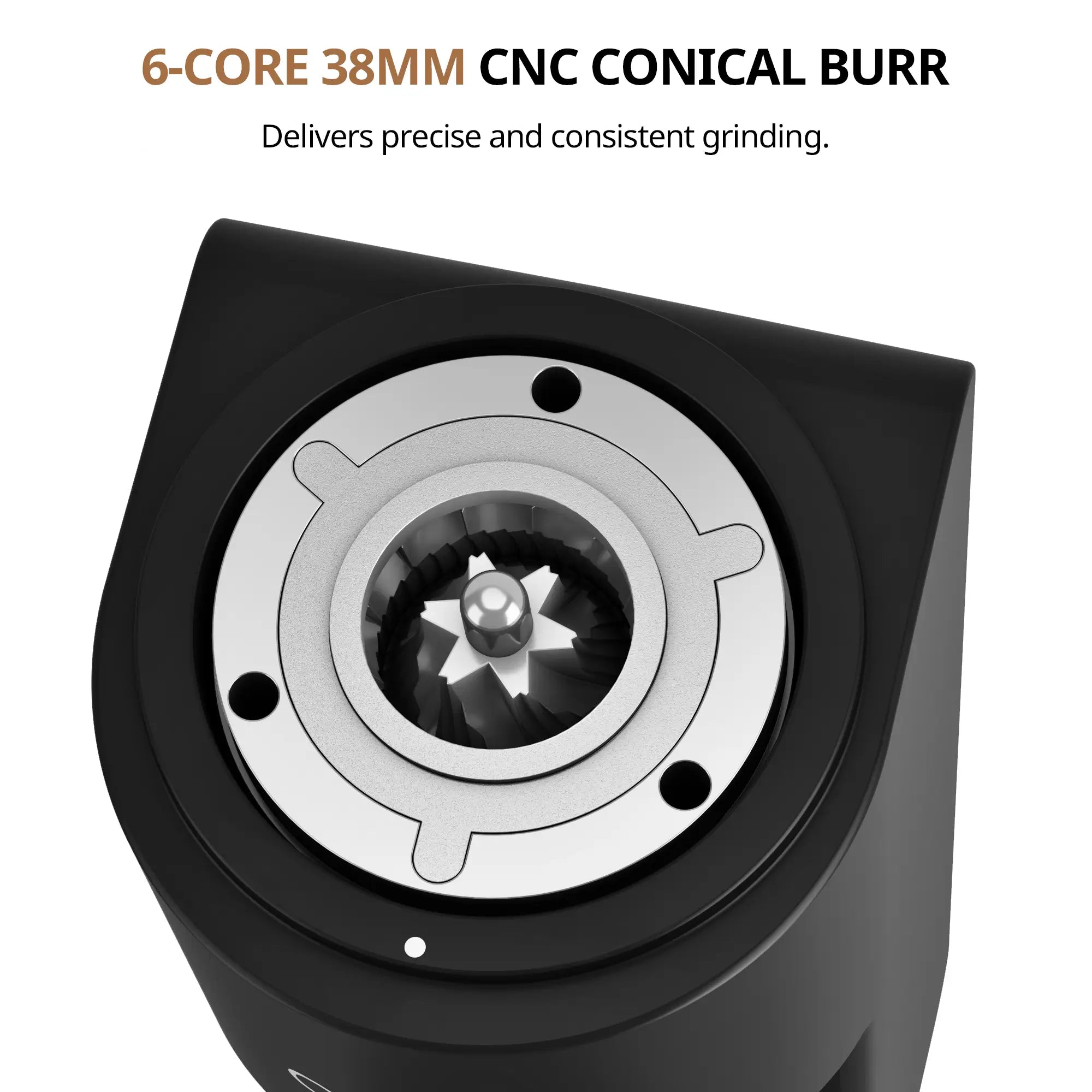 Close-up of a mechanical component with '6-core 38mm CNC conical bar' text on a white background