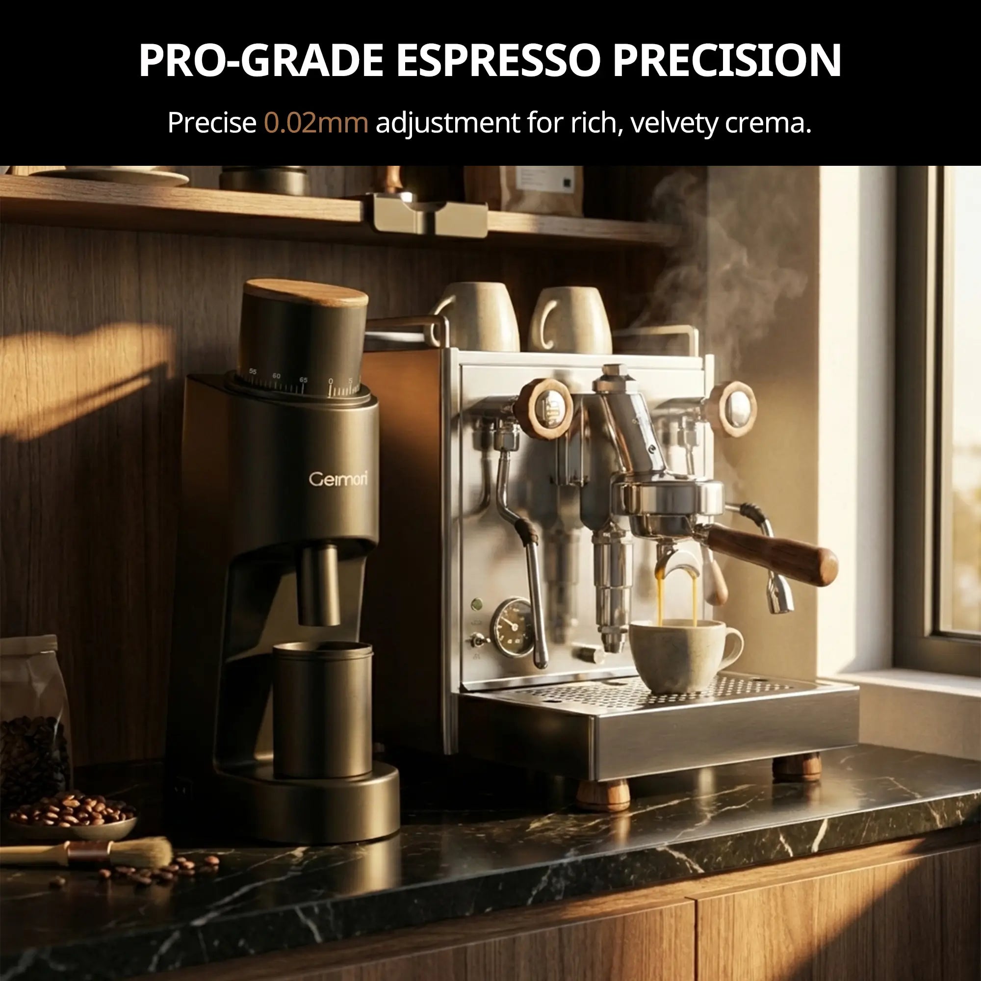 Geimori GU38 coffee grinder and espresso machine on a counter with coffee beans and a window in the background, emphasizing pro-grade precision.