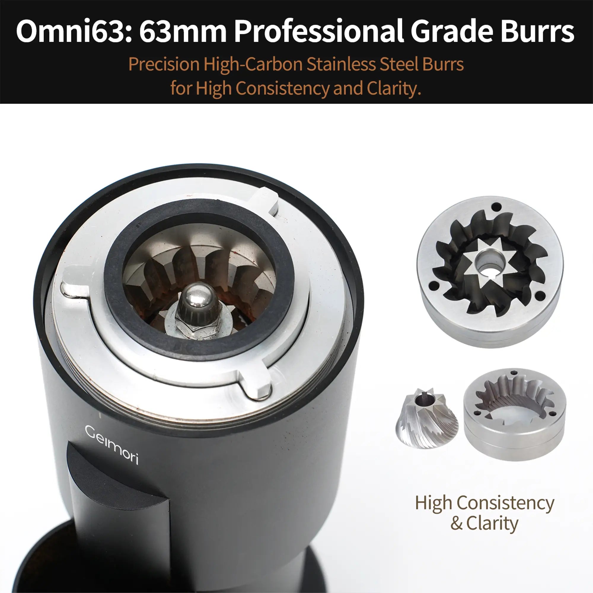 A close-up of a GU63 coffee burr grinder head with an exposed internal burr assembly, shown alongside two metal burr bits on a white background. Text at the top reads 'Omni63: 63mm Professional Grade Burrs' and the brand name 'Ceemori' is visible on the grinder body.