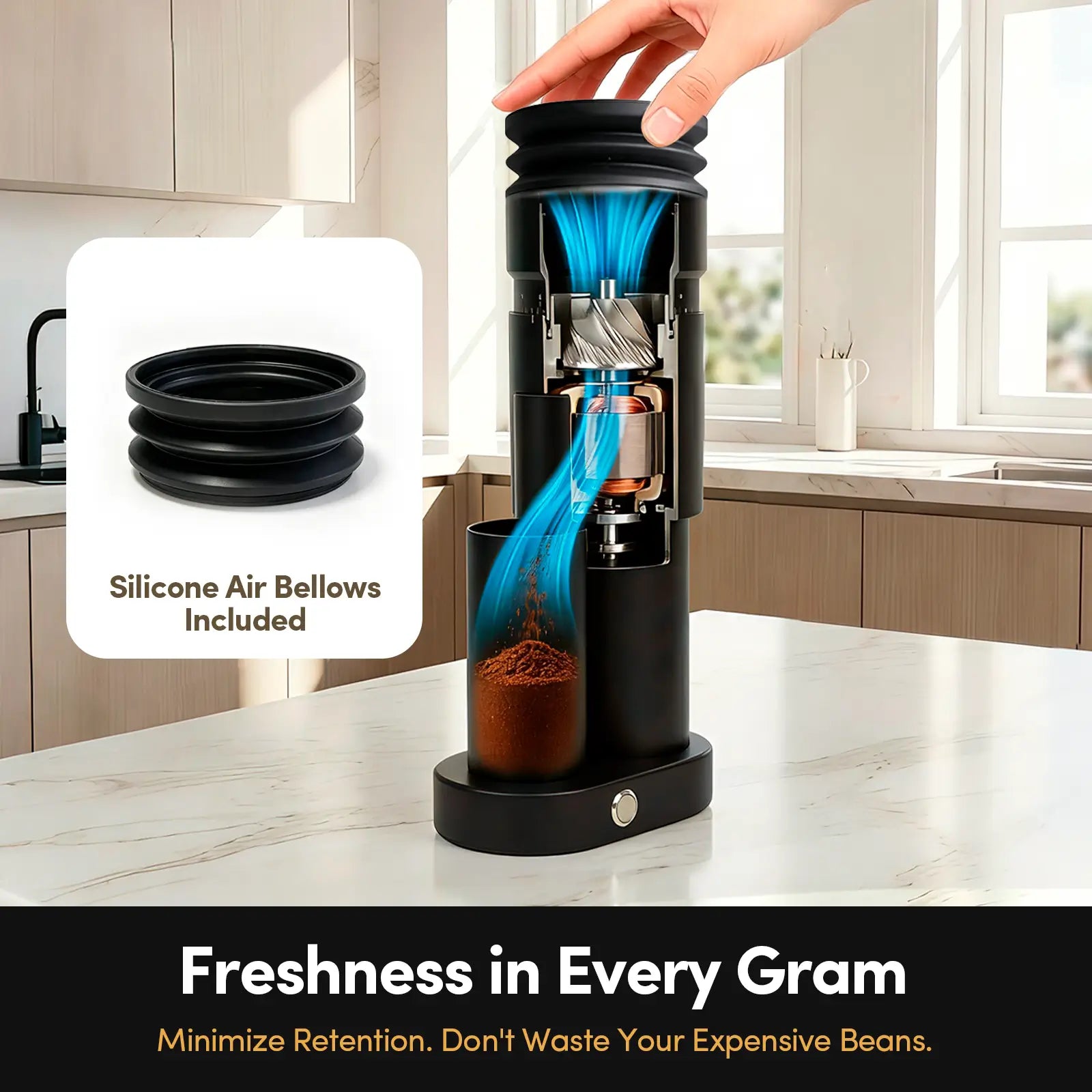 Geimori GU63 coffee grinder with silicone air bellows on a kitchen counter