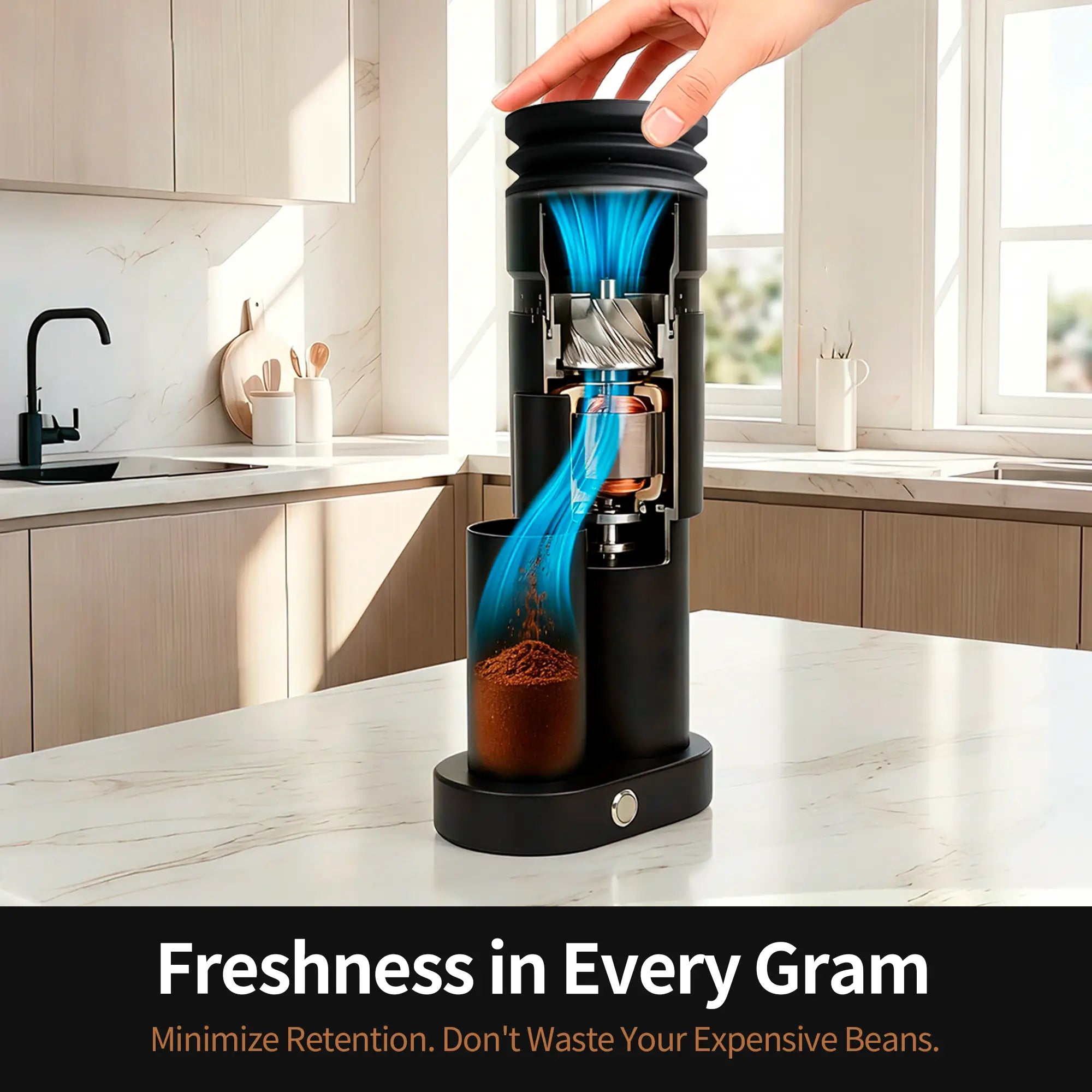 A hand is pressing down the top of GU63 on a white marble kitchen counter, with blue airflow graphics showing extraction and a container below filled with coffee beans. A black banner at the bottom reads 'Freshness in Every Gram' and 'Minimize Retention.