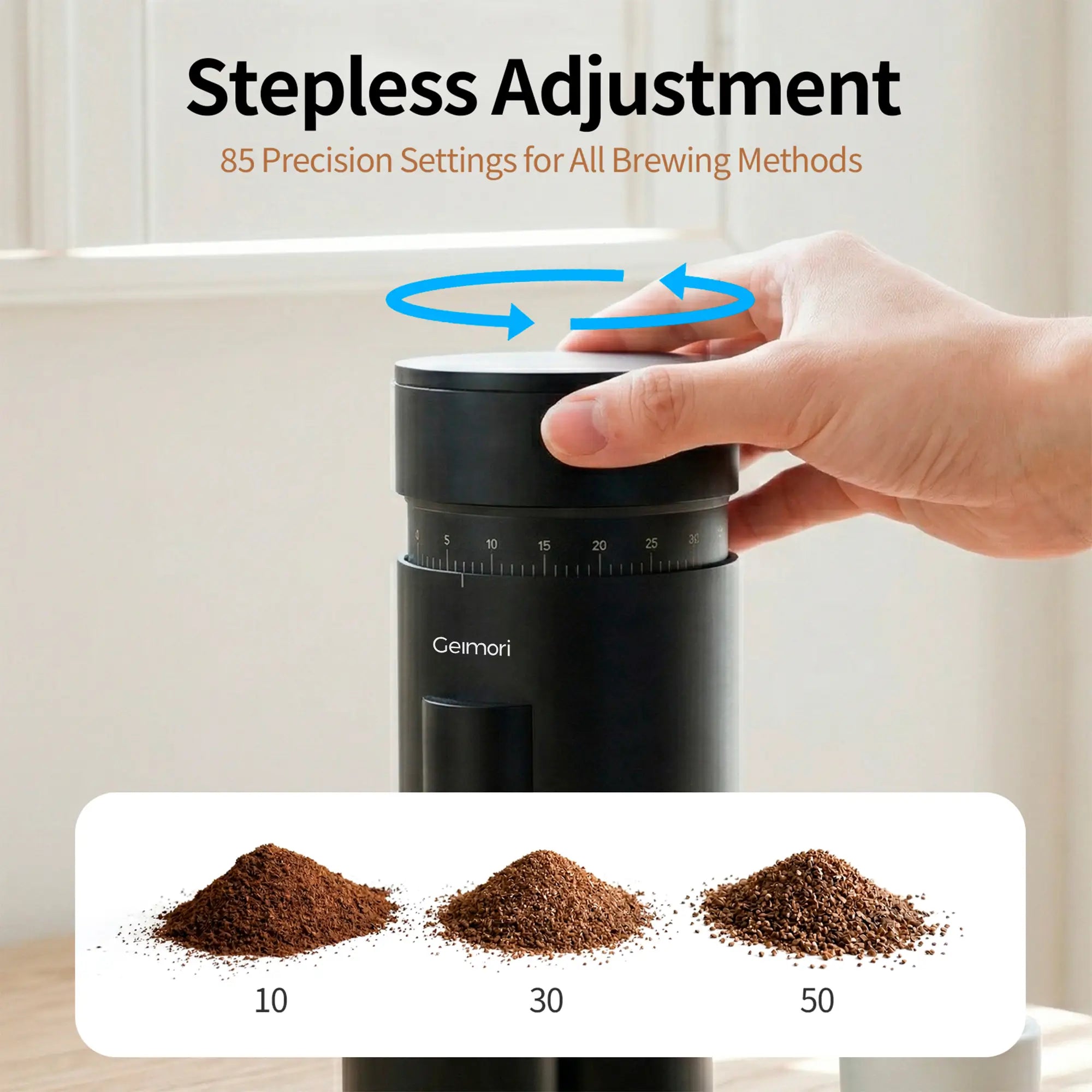 A hand adjusts the stepless dial of a black Geimori GU63 coffee grinder, with text reading 'Stepless Adjustment' and three coffee bean piles labeled 10, 30, and 50 below.