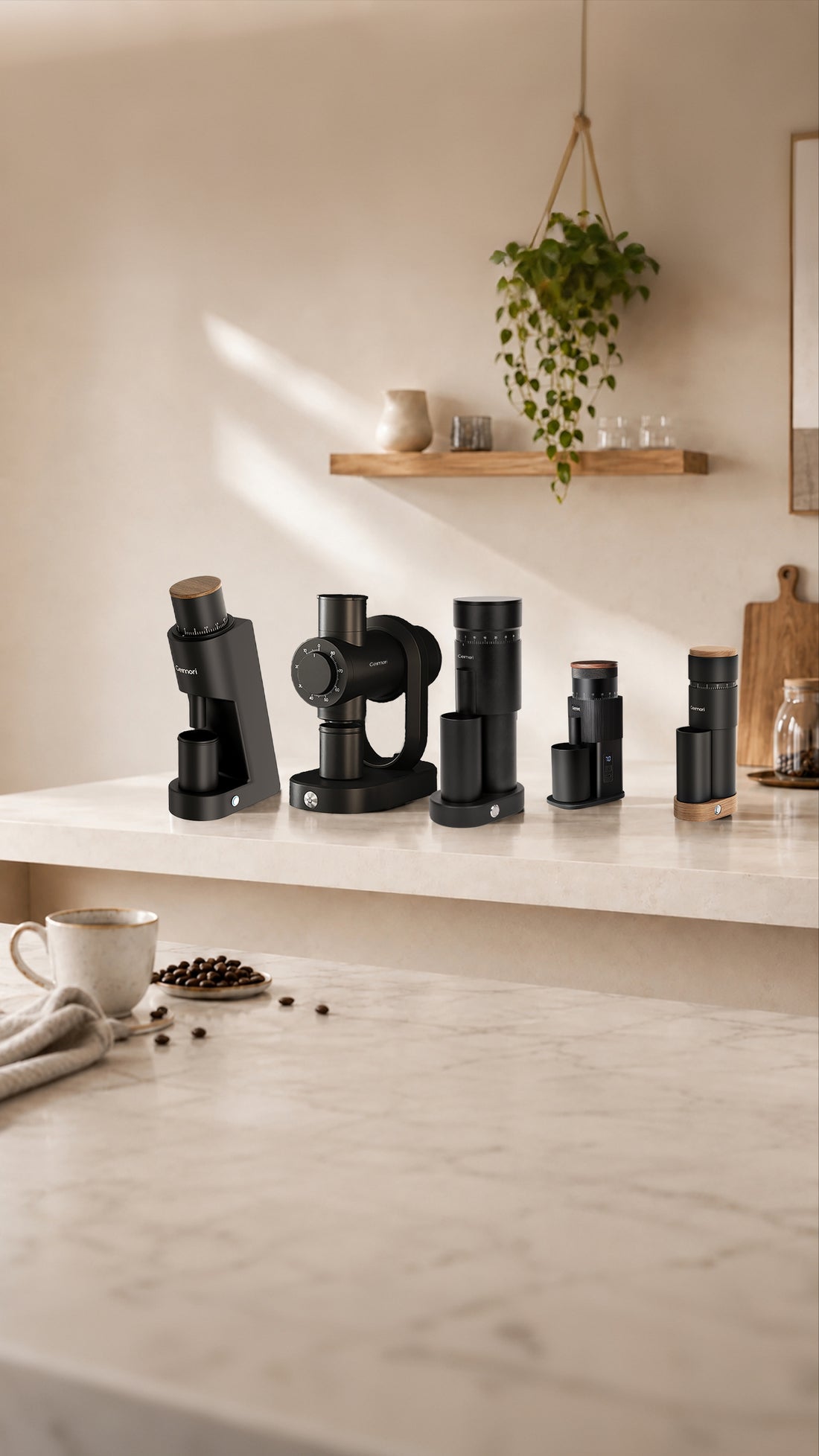 A set of matte black coffee equipment, including a grinder and several storage containers, arranged on a light marble countertop in a warm, modern kitchen setting with a hanging plant and wooden shelf.slider_item_jMrLFN