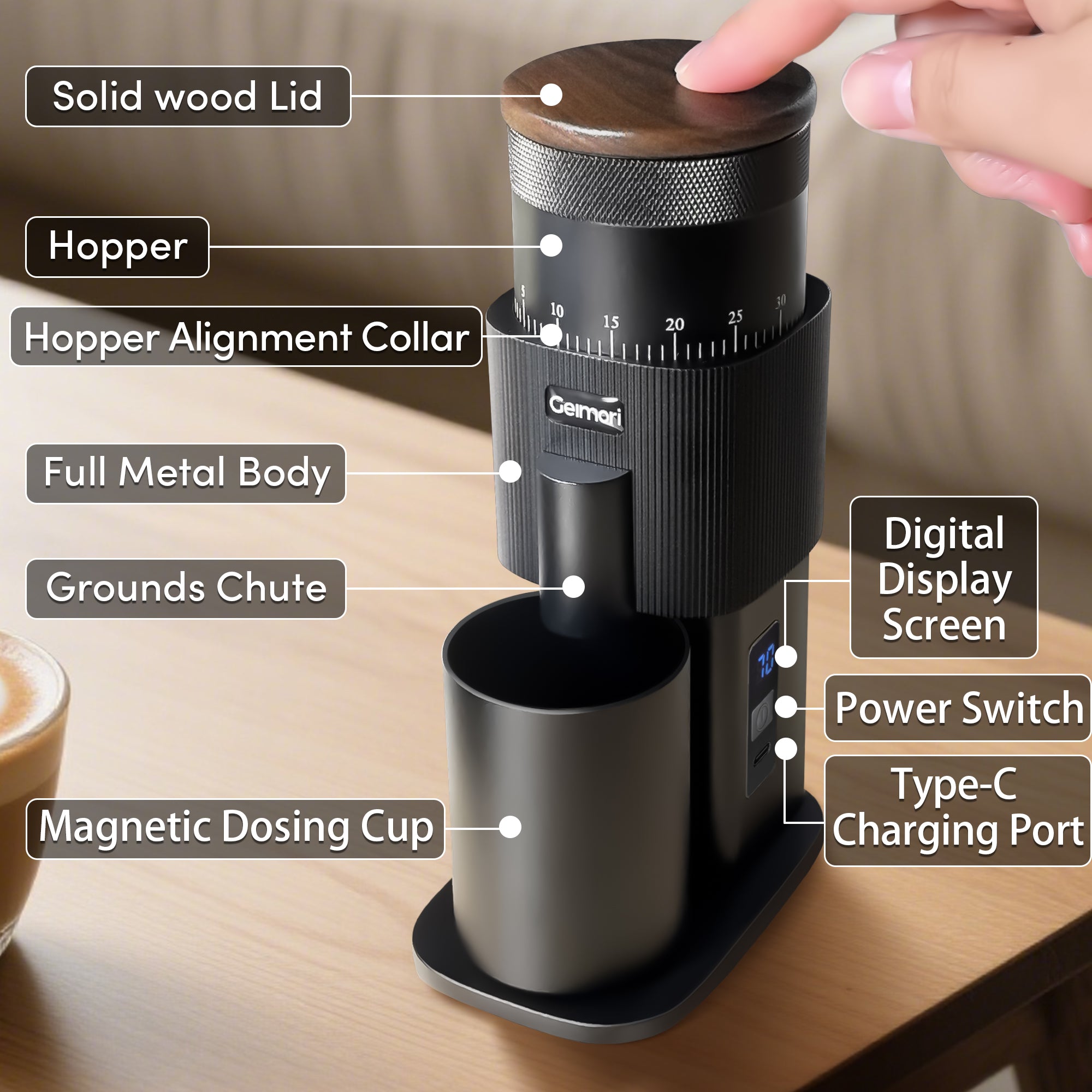 Geimori T38-The True Pro Grade Portable Coffee Grinder with 38mm Conical Burrs, 3600mAh Batteries, Stepless Grind Settings