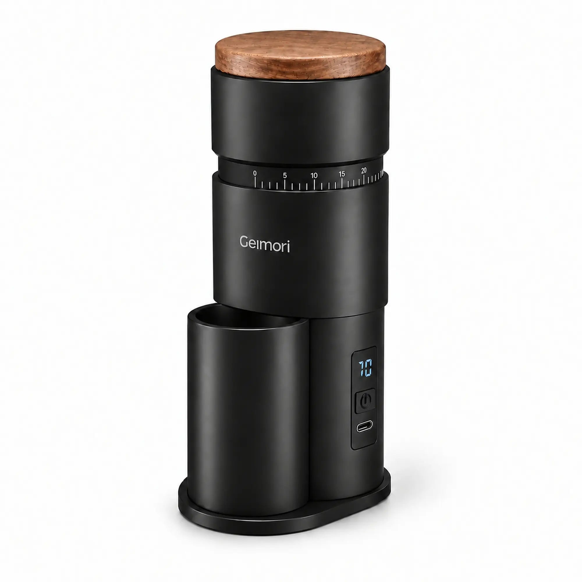 A Geimori T38 Gen2 coffee grinder with a wooden top lid, shown on a clean white background. The brand name 'Geimori' is printed on the side, and a digital display shows the battery level.