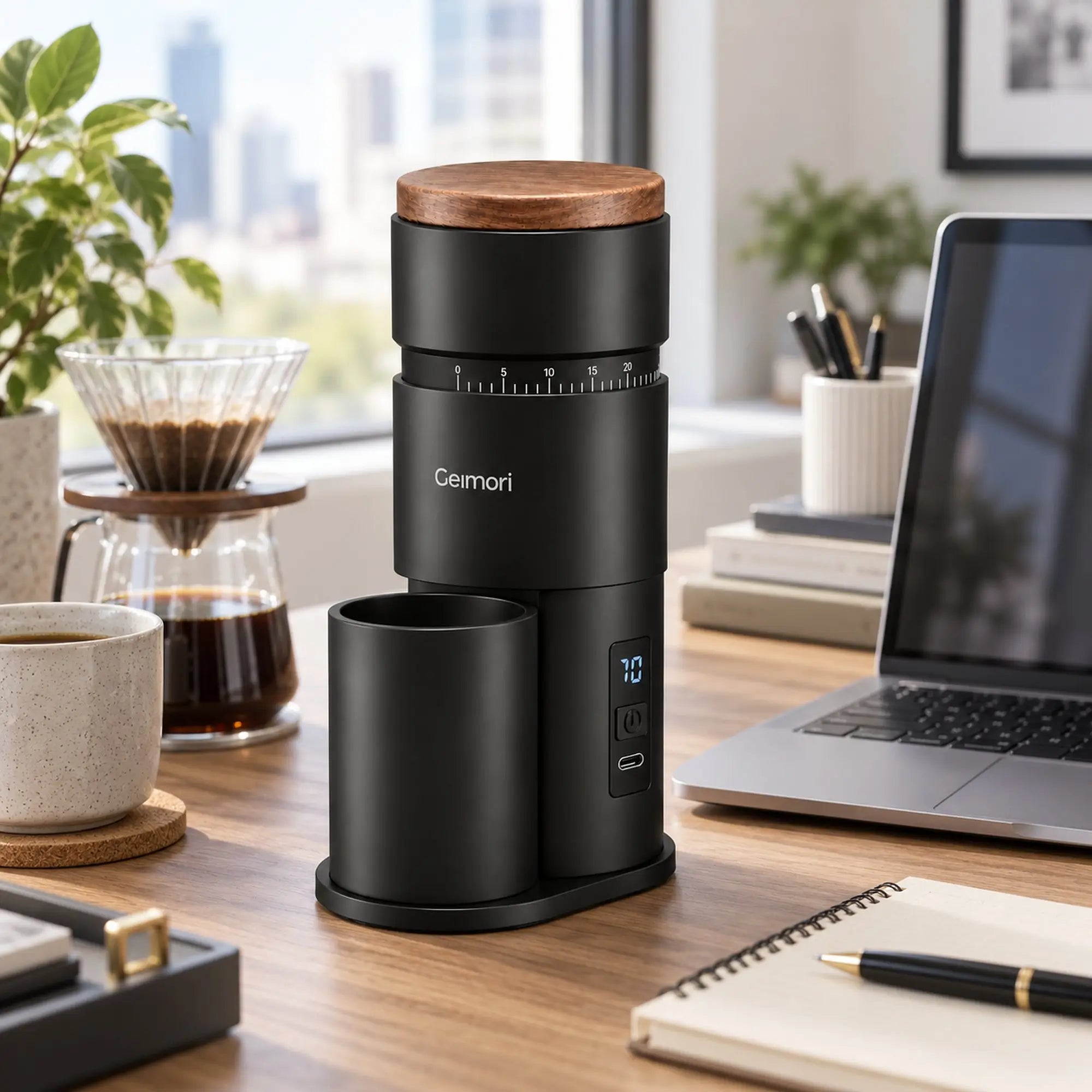 A Geimori T38 Gen2 coffee grinder with a wooden top and digital display, set on a wooden desk next to a laptop, coffee cup, and plants.