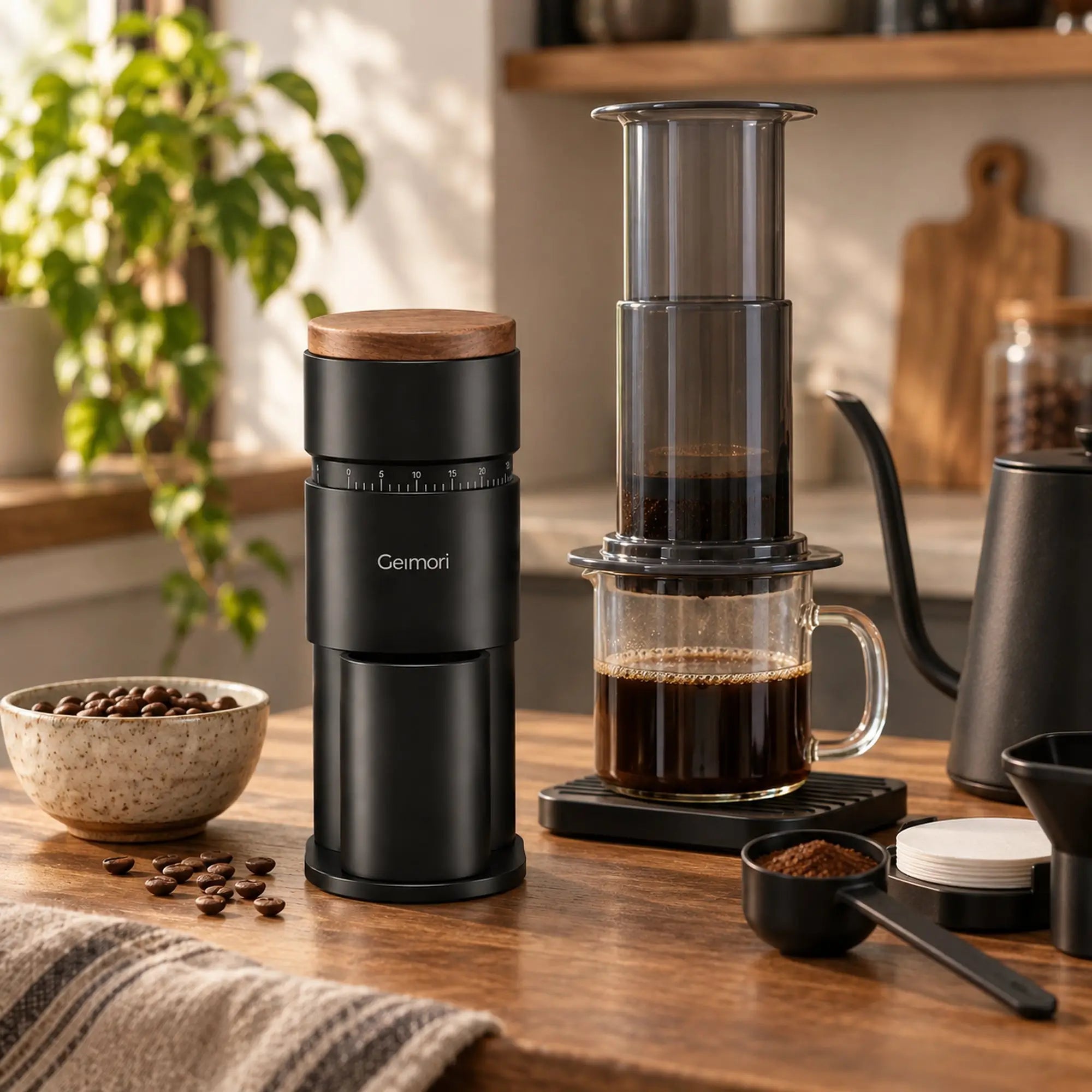 A Geimori T38 Gen2 coffee grinder set displayed on a wooden countertop, featuring a black manual grinder with a bamboo lid next to a black pour-over coffee maker with brewed coffee in a glass carafe. The scene is styled with coffee beans, a ceramic bowl, a gooseneck kettle, and a striped cloth in a warm, sunlit kitchen setting.