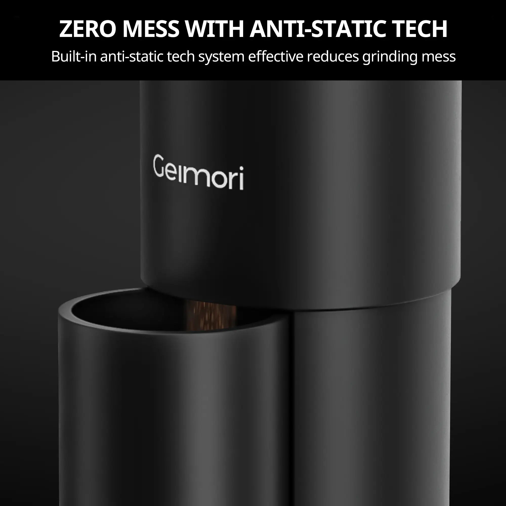 Close-up of a black Geimori coffee grinder showing the grinding chamber and a small amount of coffee beans, with a black banner at the top containing marketing text.