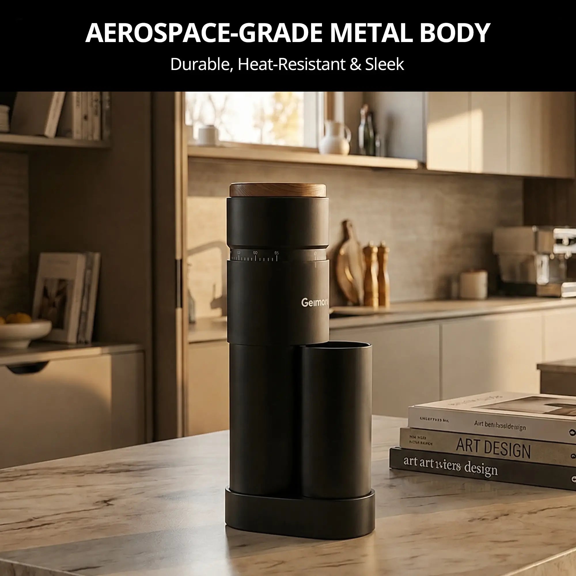 A black Geimori T38 Plus coffee grinder set on a kitchen countertop in a warm, modern kitchen. Text at the top reads 'AEROSPACE-GRADE METAL BODY' and 'Durable, Heat-Resistant & Sleek.