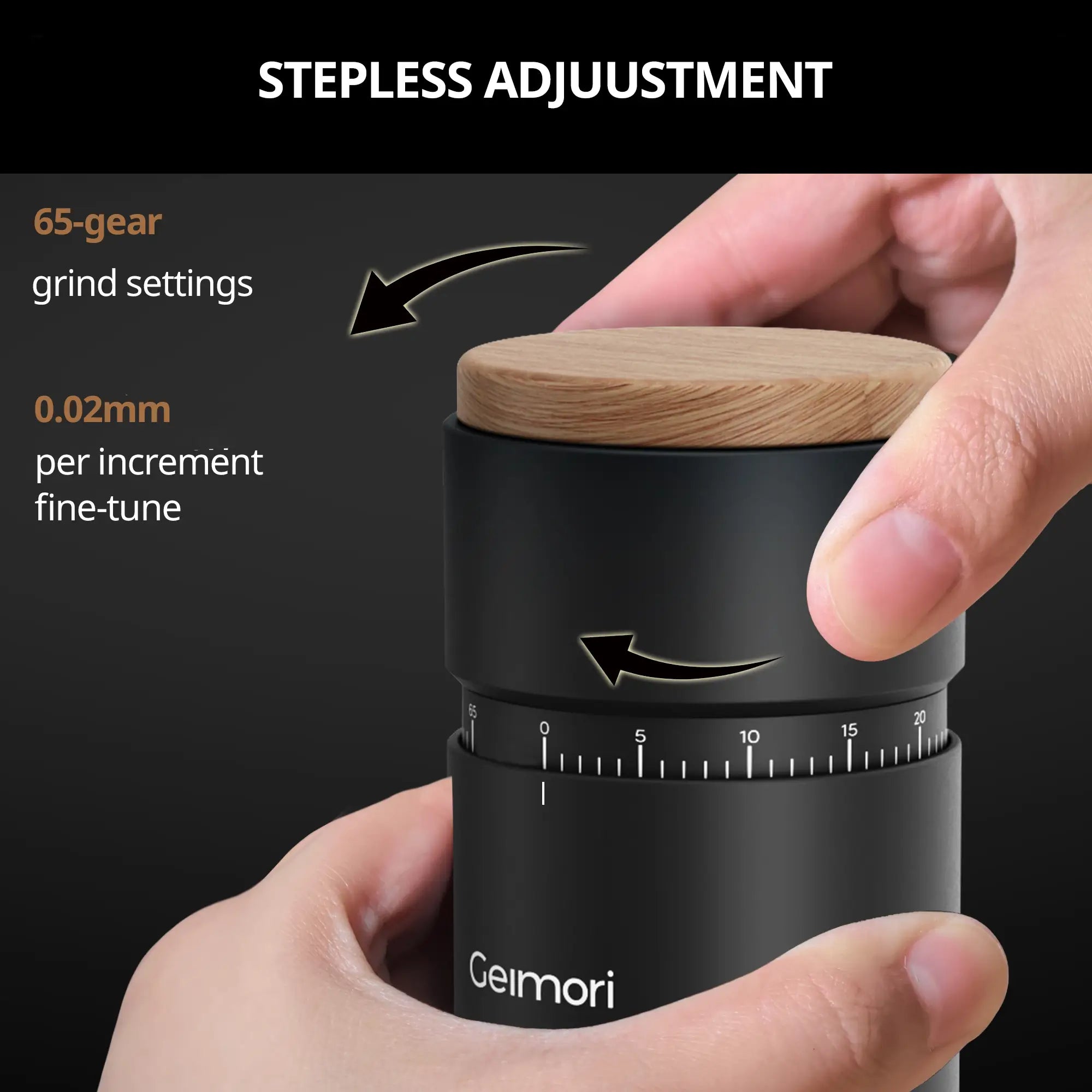 Close-up of a Geimori T38 Plus coffee grinder with a light wood top being turned by two hands. Text on the image highlights stepless adjustment.
