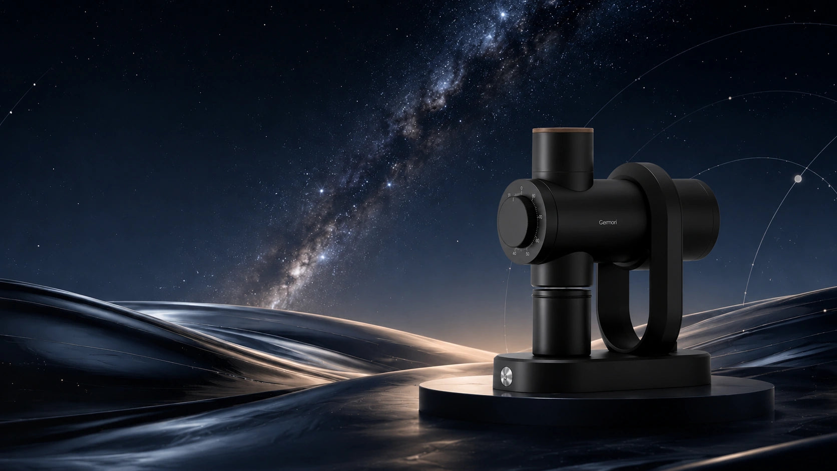 A black astronomical telescope mounted on a circular base, set against a dramatic night sky filled with stars and the Milky Way galaxy.1648765132bba5fb72-0