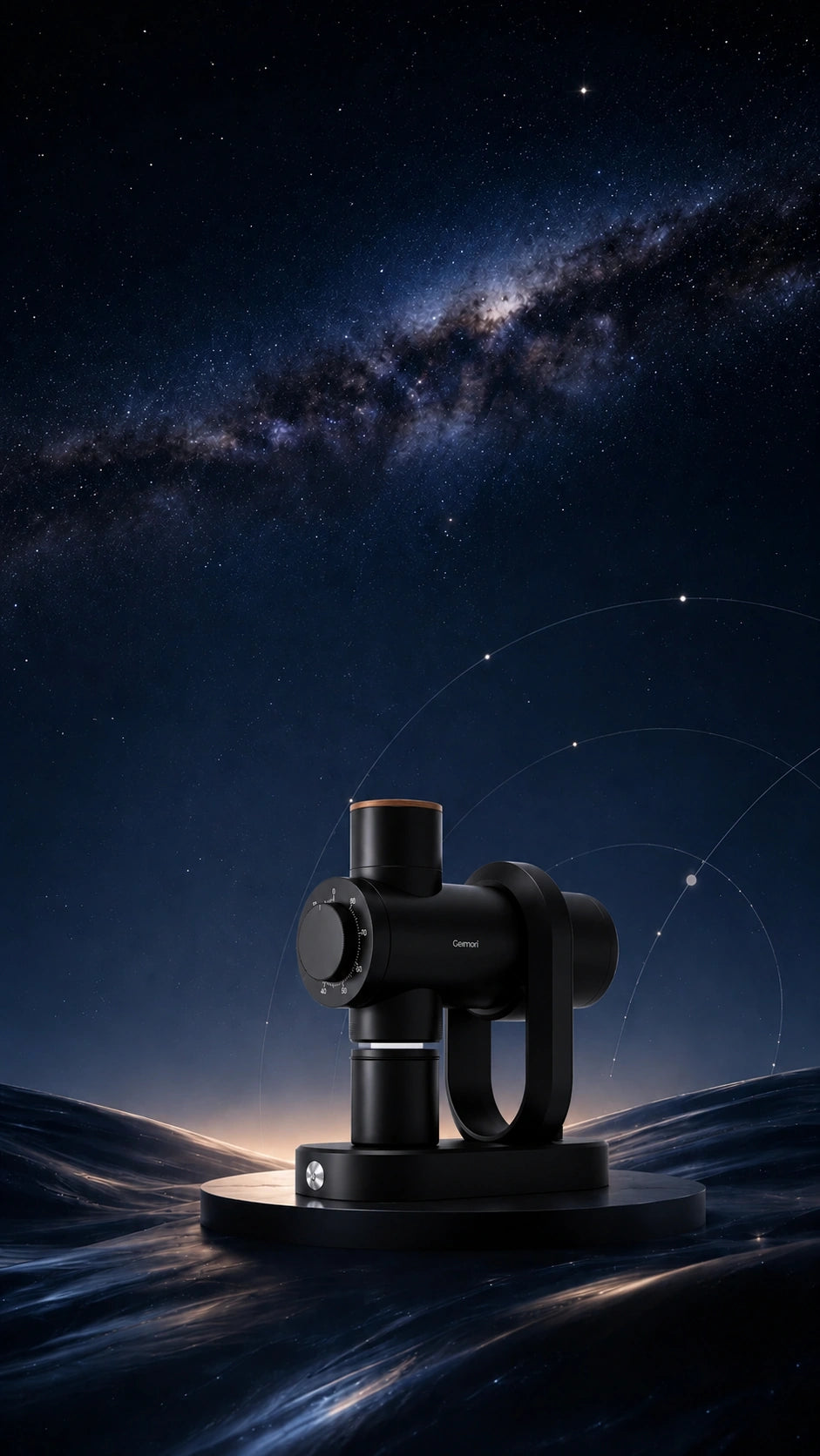 A black astronomical telescope mounted on a circular base, set against a dramatic night sky filled with stars and the Milky Way galaxy.1648765132bba5fb72-0