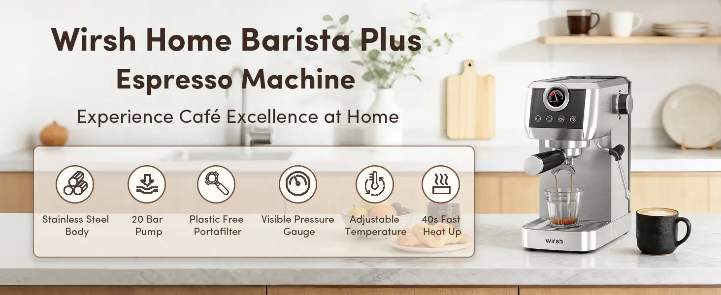 Wirsh Home Barista Plus Espresso Machine with features listed on a white backgroundslider_item_bzGFEy
