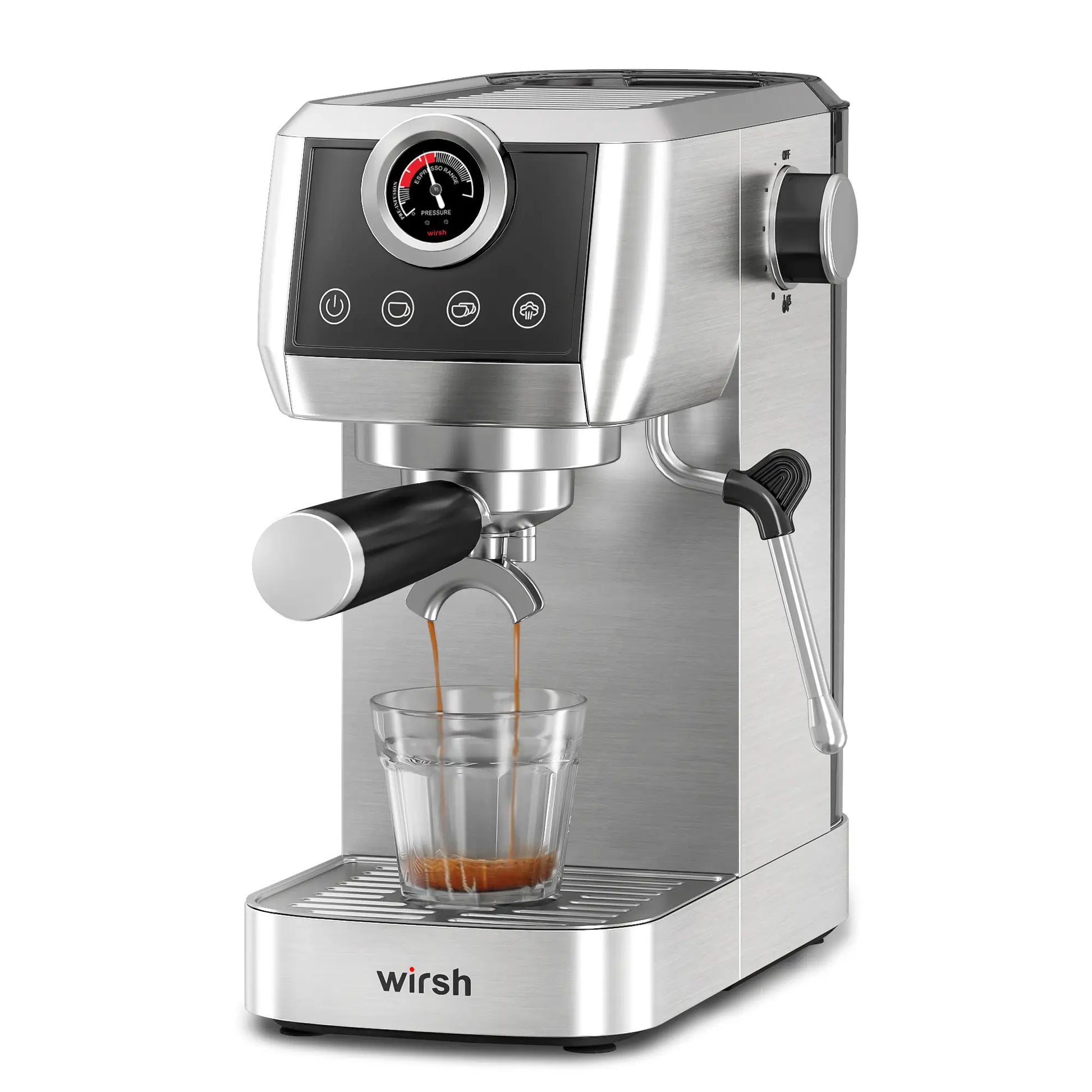 Espresso machine with a glass of coffee being dispensed on a white background, branded 'Wirsh'.